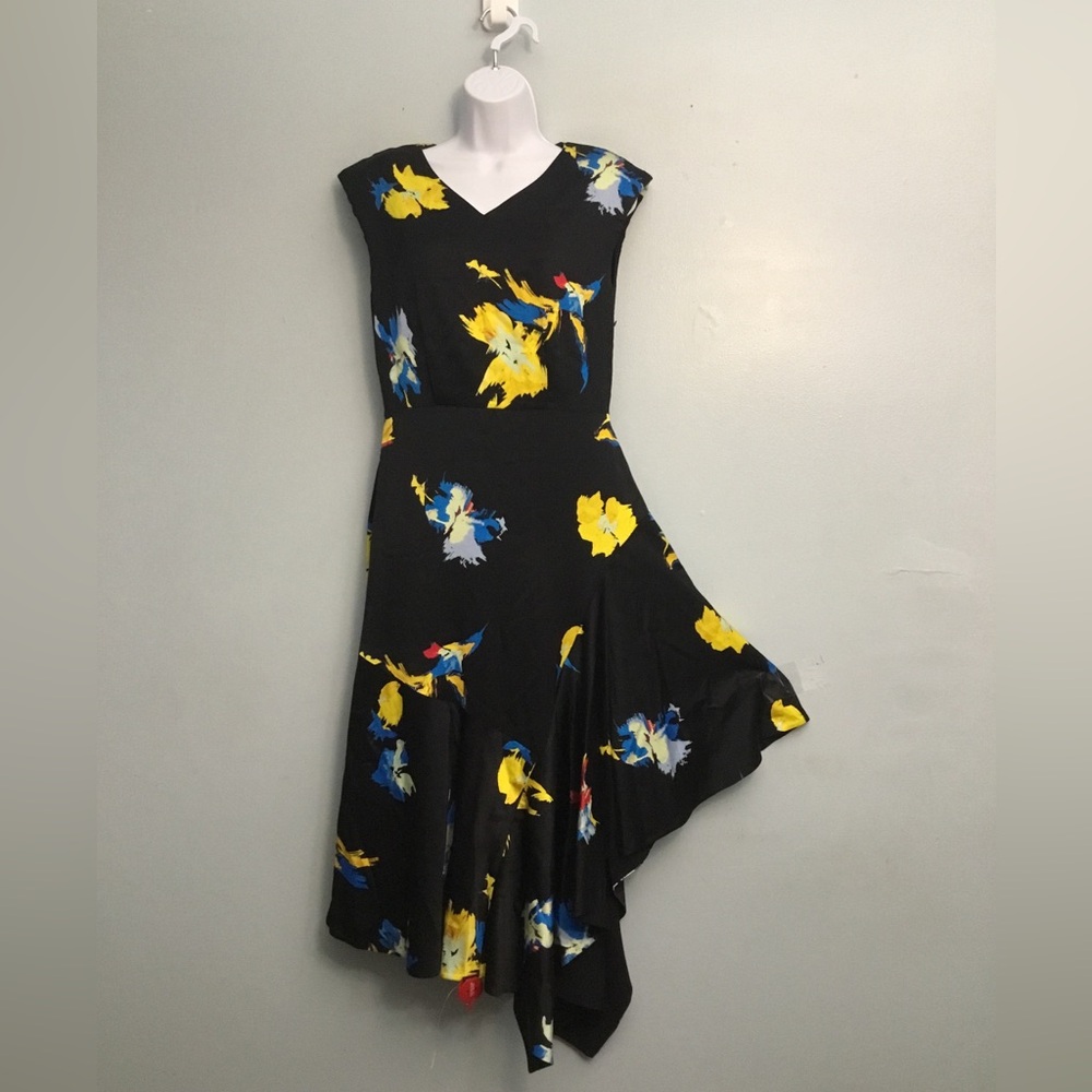 Equipment Black Asymmetrical Dress with Blue and Yellow Floral
